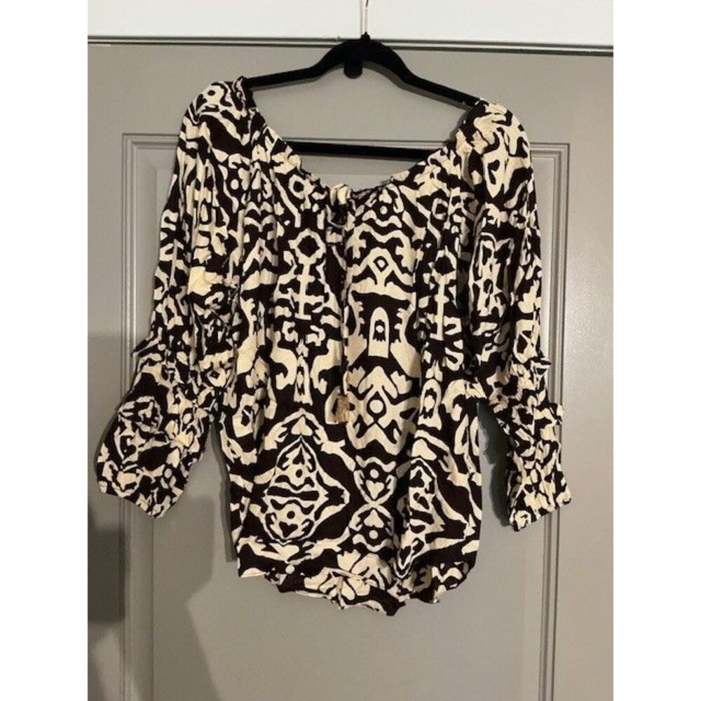 Escapada Brown and white tie neck long sleeve top Sz M NWT